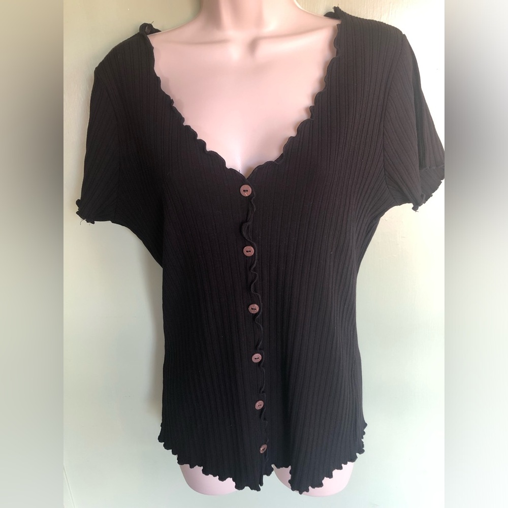 Bozzolo Womens Shirt Black Short Sleeve Button Up Ruffle V Neck, Lightweight